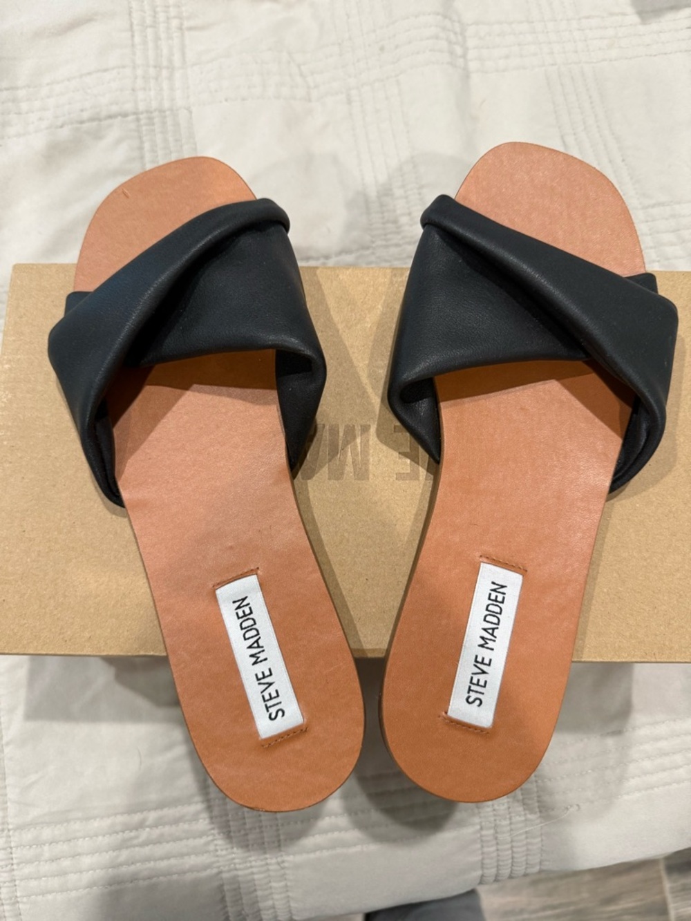 Steve Madden Black Crisscross Slide Sandals with Tan Footbed
